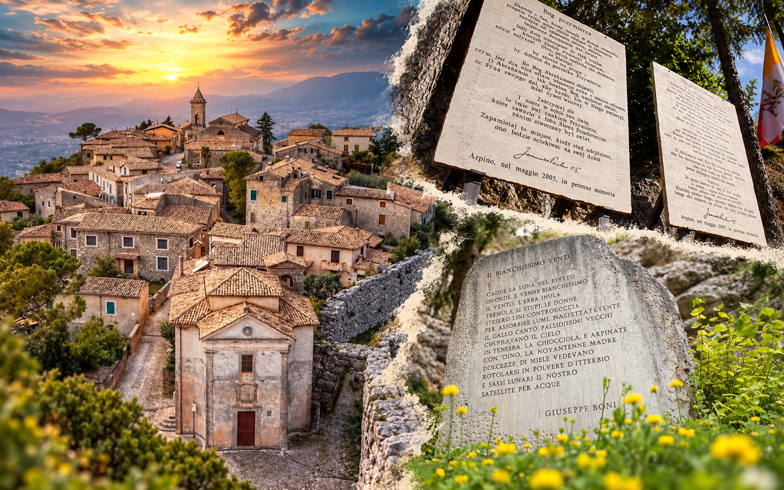 Montagem com a paisagem de Arpino e páginas de poemas gravados em pedra
