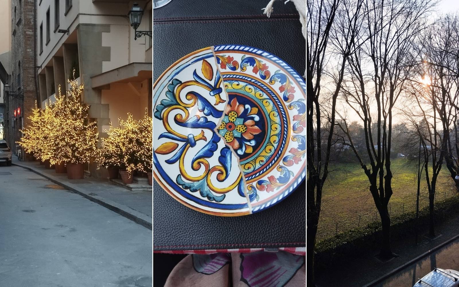Rua tranquila, prato decorado e &aacute;rvores iluminadas pelo sol em uma viagem &agrave; It&aacute;lia