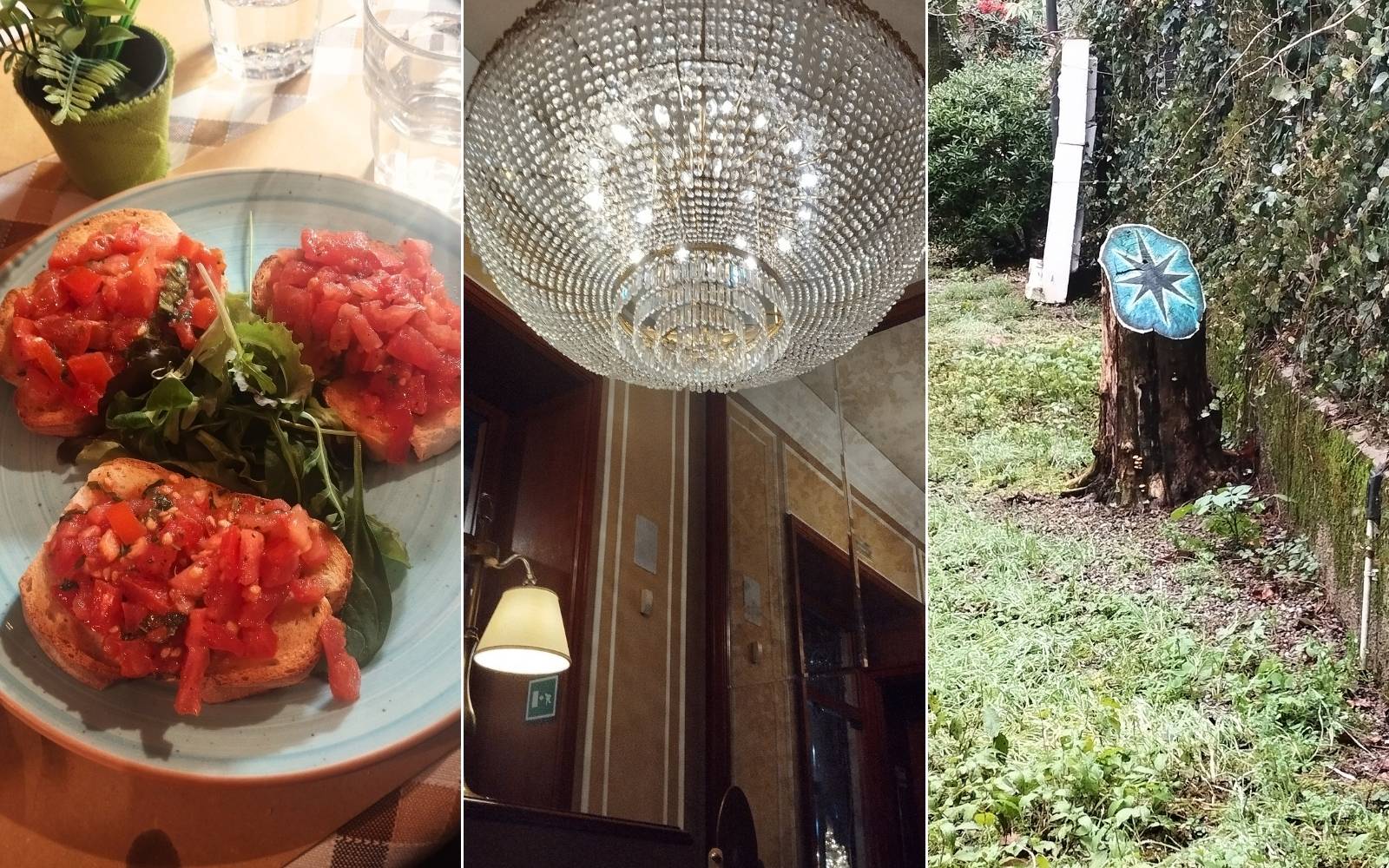 Colagem com comida, interior de cantina e detalhe encontrado durante a viagem