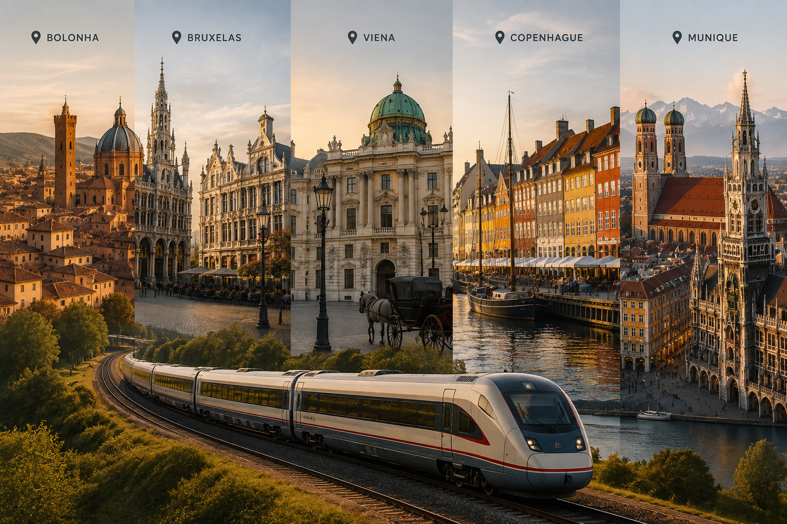 Colagem com Bolonha, Bruxelas, Viena, Copenhague e Munique conectadas por viagem de trem