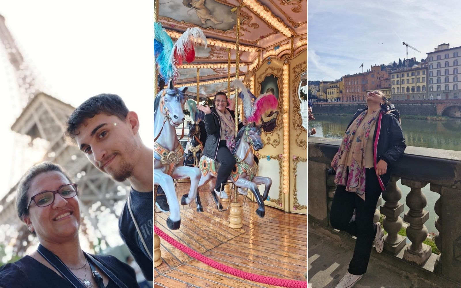 Colagem com fotos de viagem em Paris e Floren&ccedil;a, incluindo um carrossel