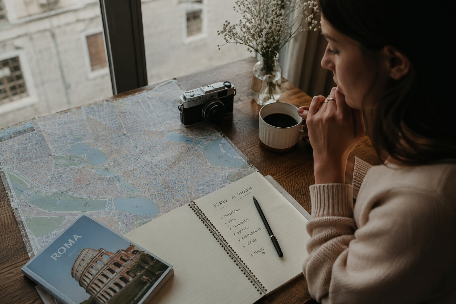 Mulher planejando uma viagem com mapa, café, câmera e caderno sobre a mesa