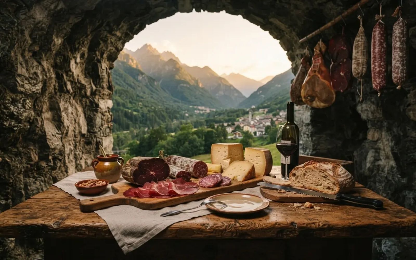 Mesa com queijos, carnes curadas, pão e vinho em um arco de pedra com vista para os Alpes