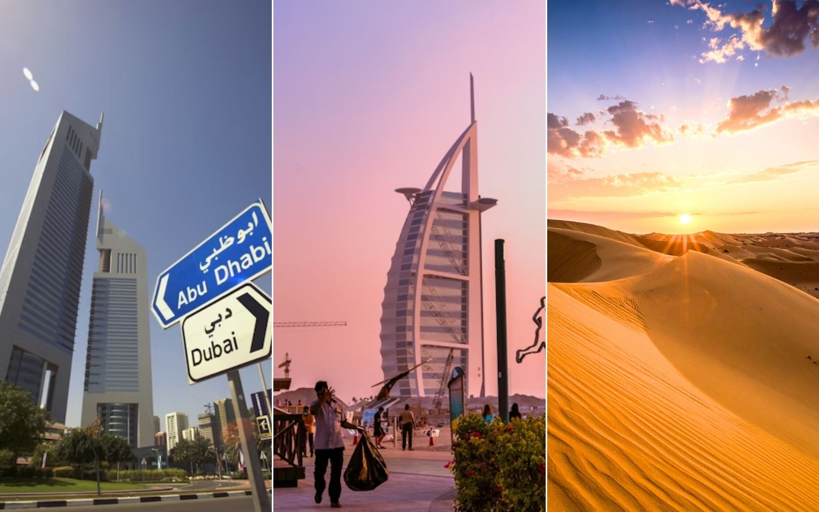 Colagem com cenas urbanas e deserto de Dubai