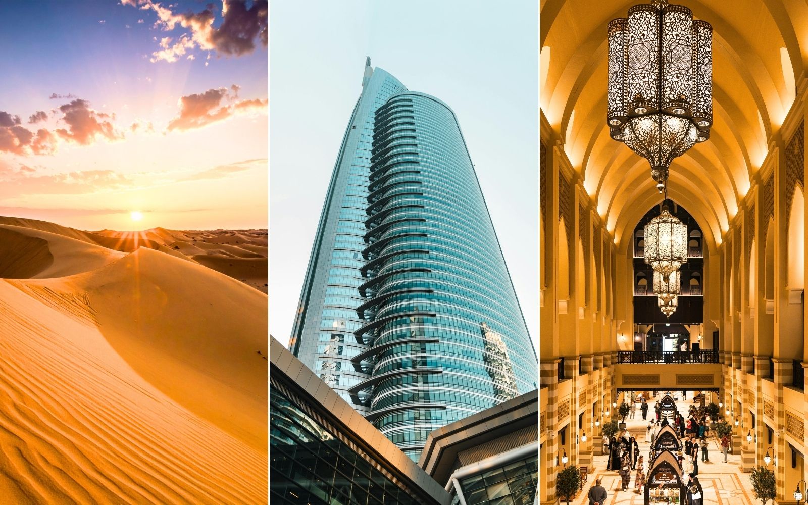 Colagem com deserto, prédio moderno e interior iluminado em Dubai