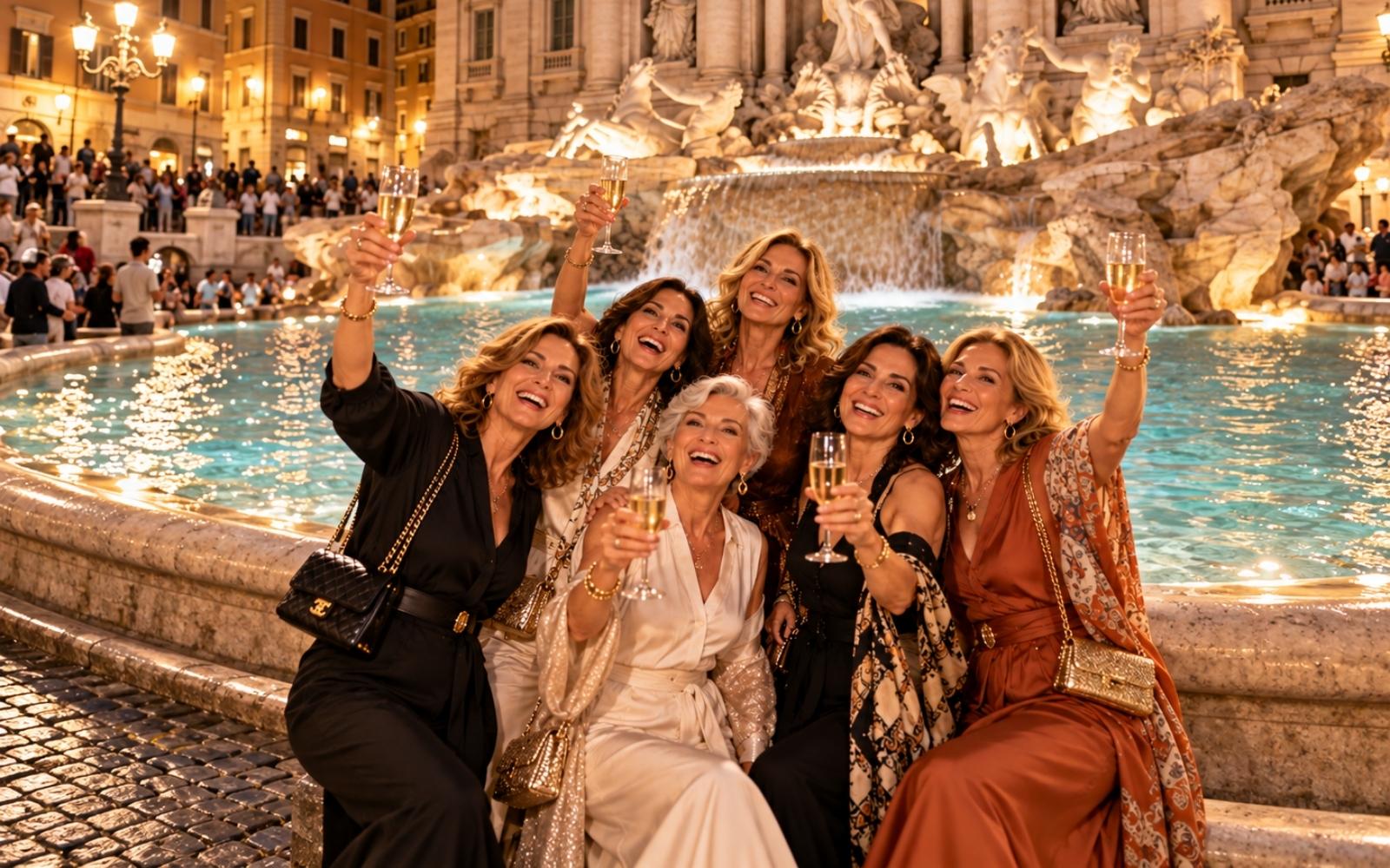 Grupo de mulheres brindando diante da Fontana di Trevi iluminada em Roma