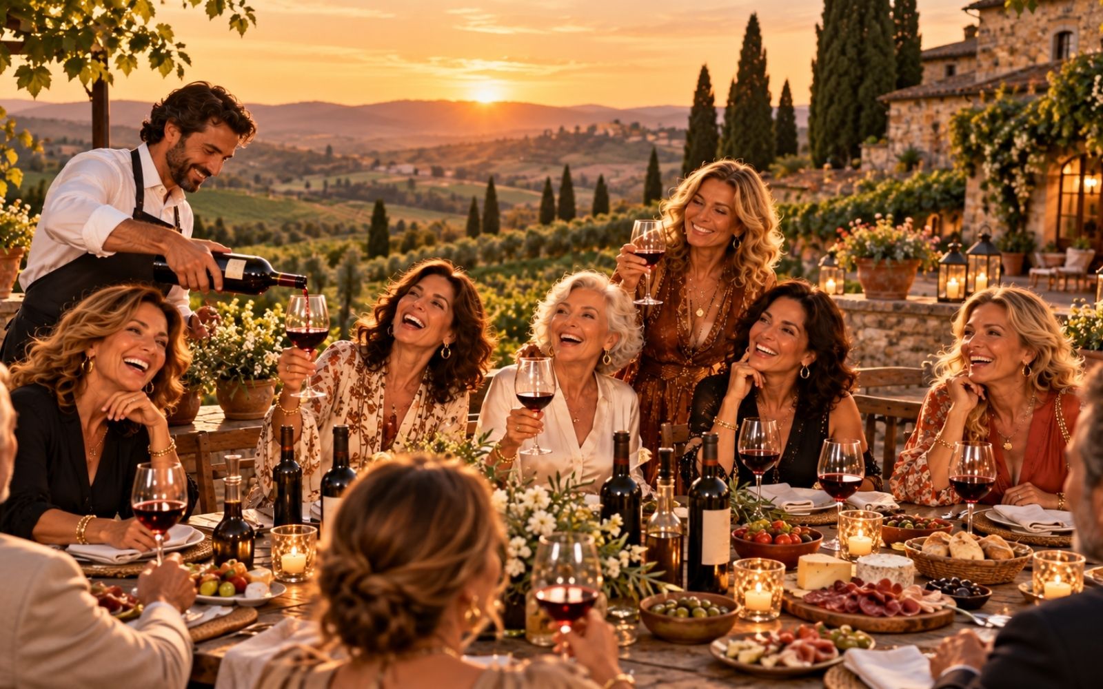 Grupo de mulheres compartilhando um jantar ao pôr do sol em uma paisagem italiana