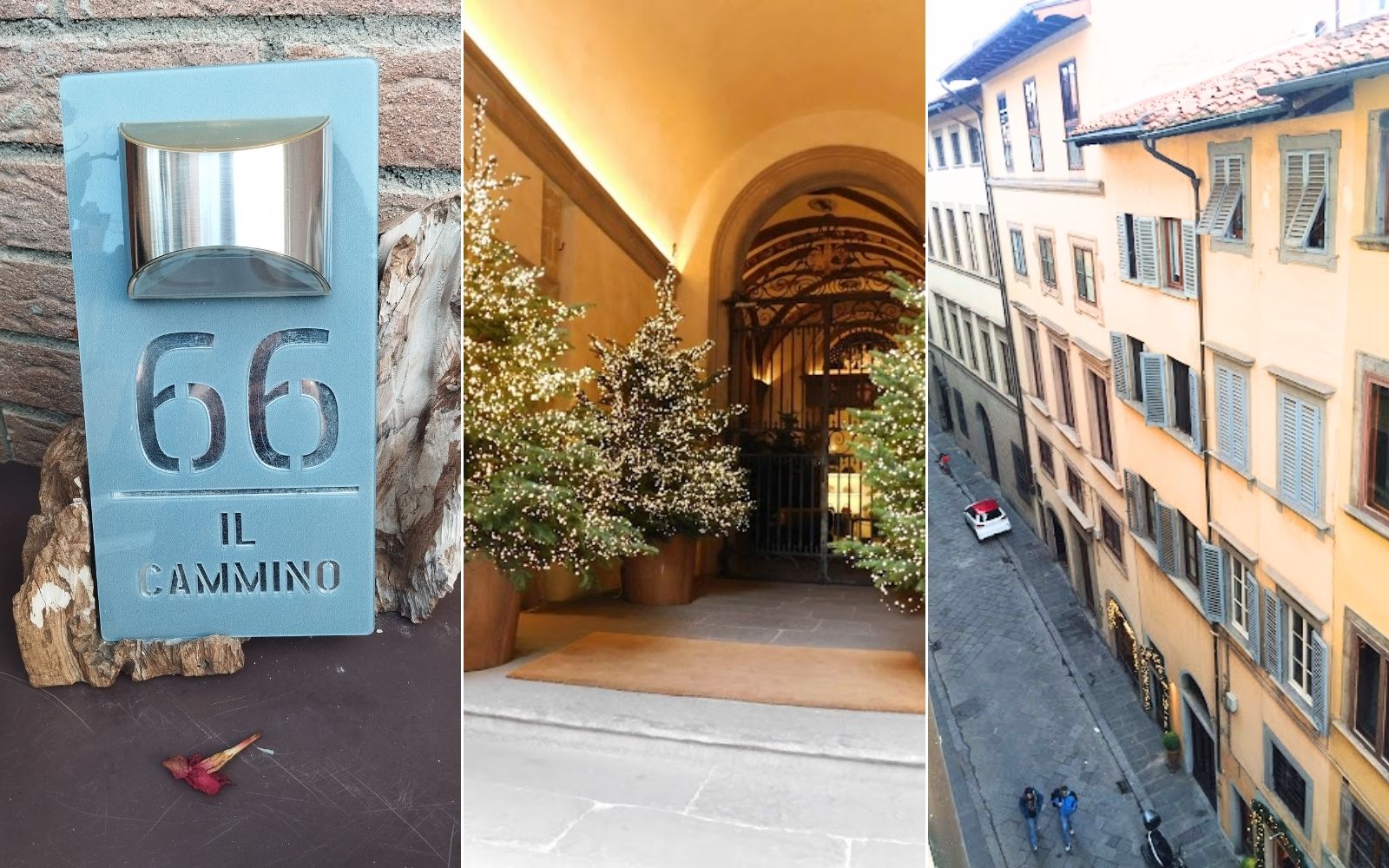 Colagem com detalhes de hospedagem e rua em Florença