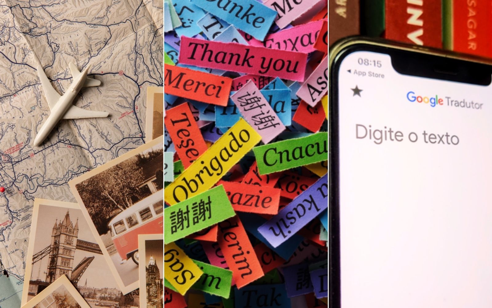 Colagem com mapa, palavras em v&aacute;rios idiomas e tela do Google Tradutor