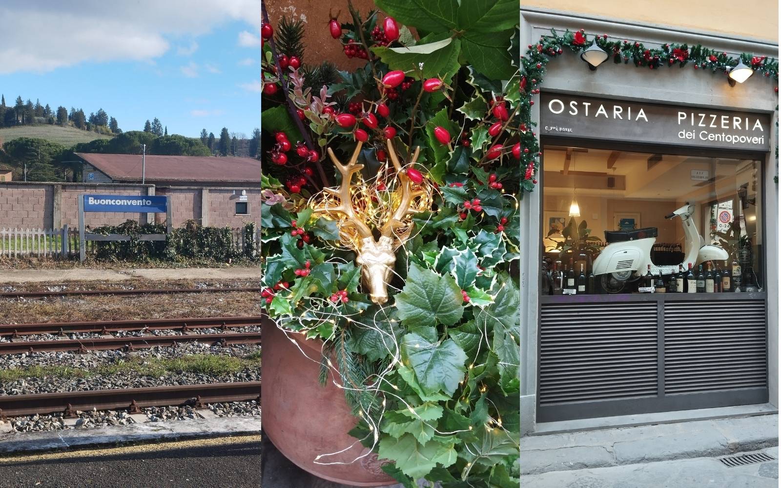 Colagem com estação, decoração e rua em viagem pela Itália