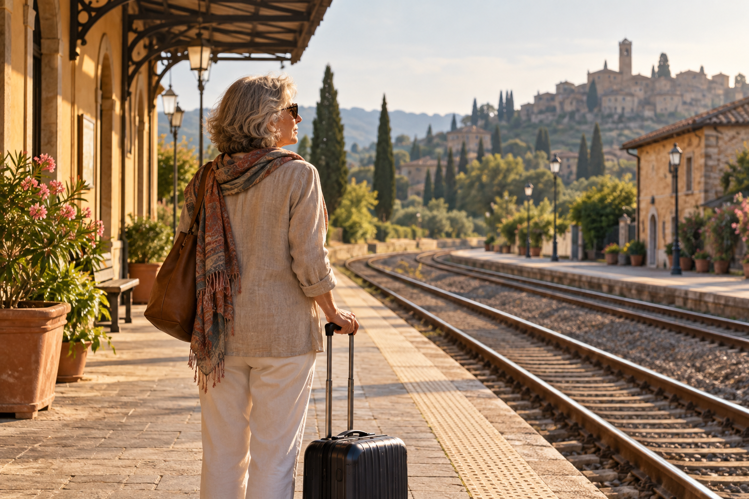 Mulher viajante madura com mala diante de uma estação ferroviária italiana