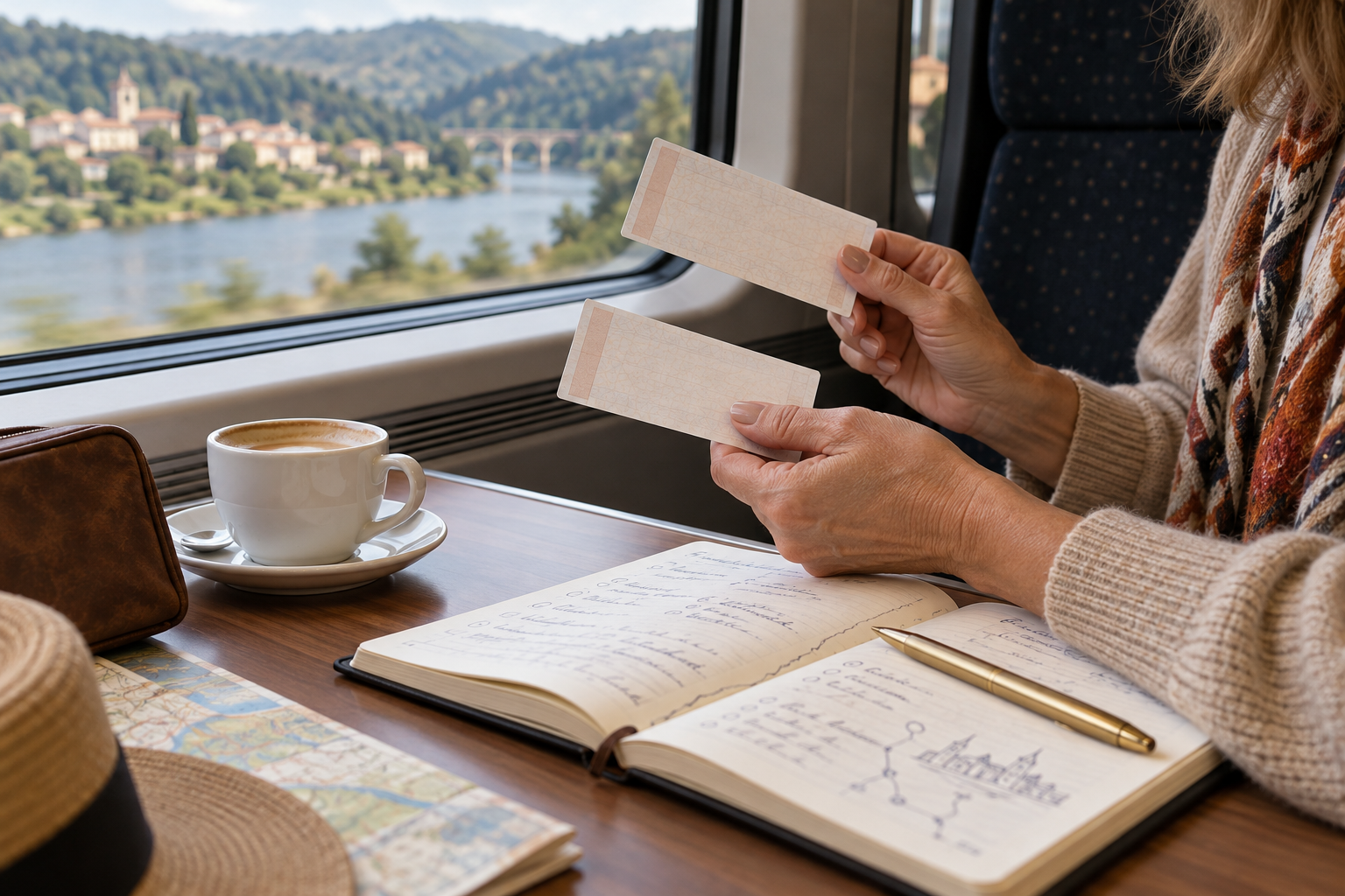 Mãos de uma viajante comparando bilhetes de trem e anotações durante uma viagem pela Itália