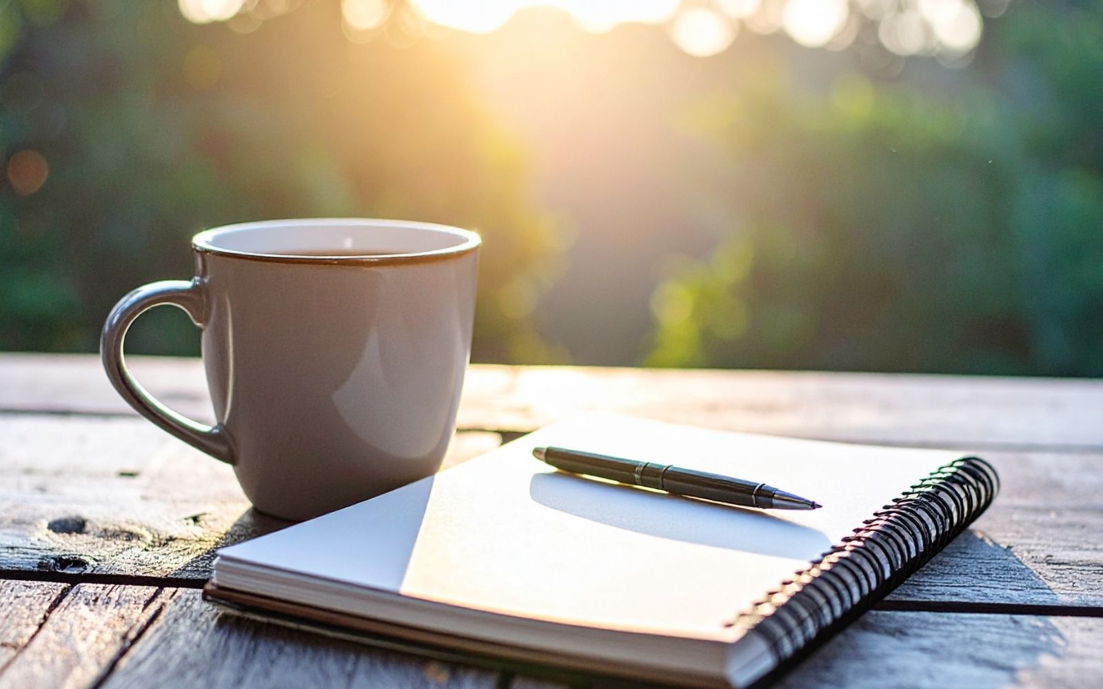 Caneca de caf&eacute; e caderno ao ar livre com luz do sol