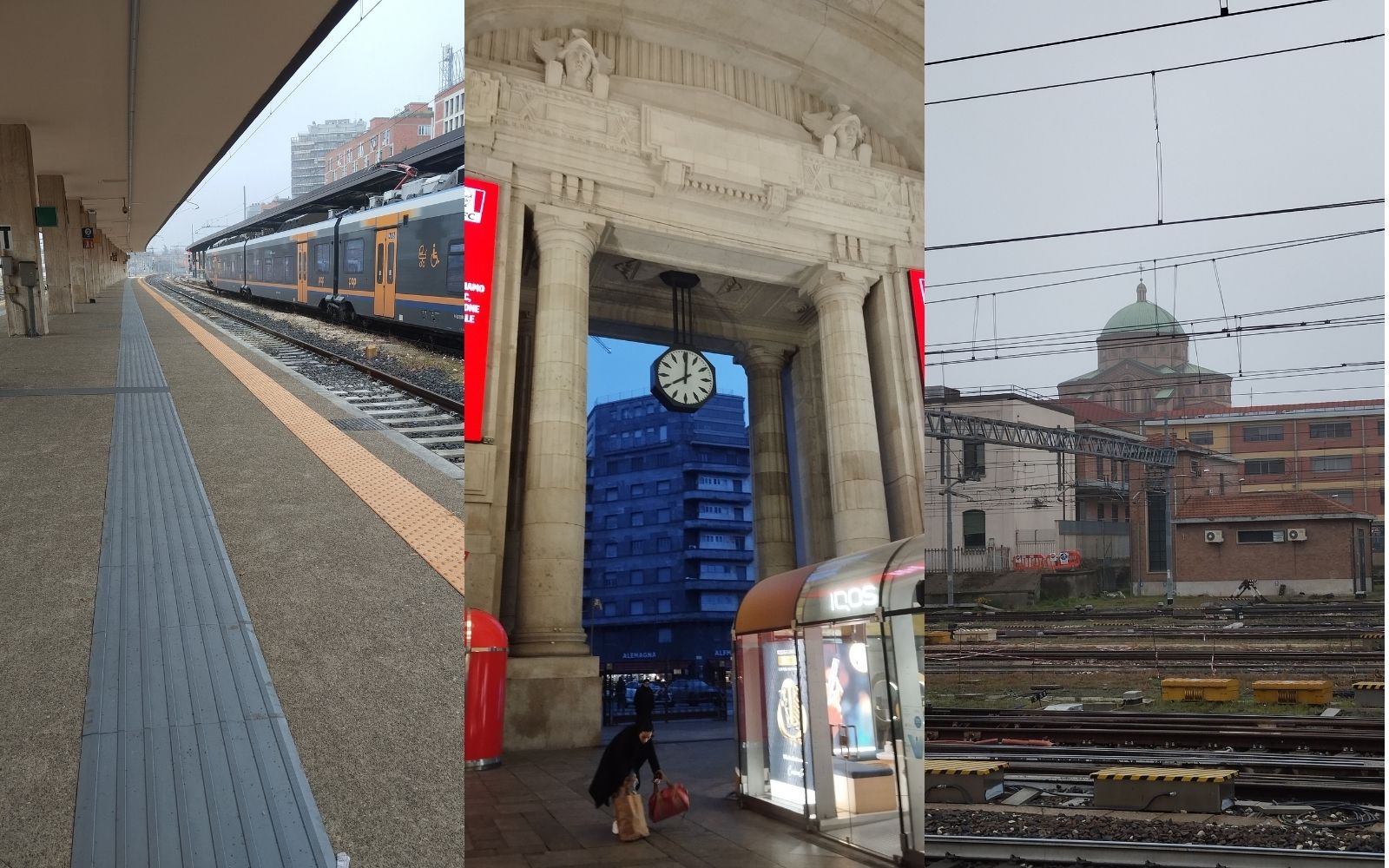 Colagem com trilhos, plataforma e estação de trem