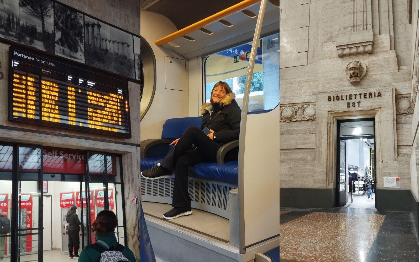 Colagem com quadro de horários, assento de trem e bilheteria