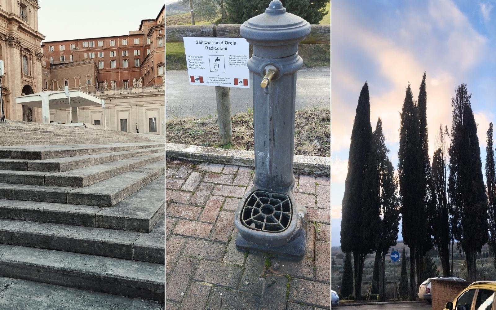 Colagem com cenas de viagem pela It&aacute;lia: escadaria, fonte e ciprestes