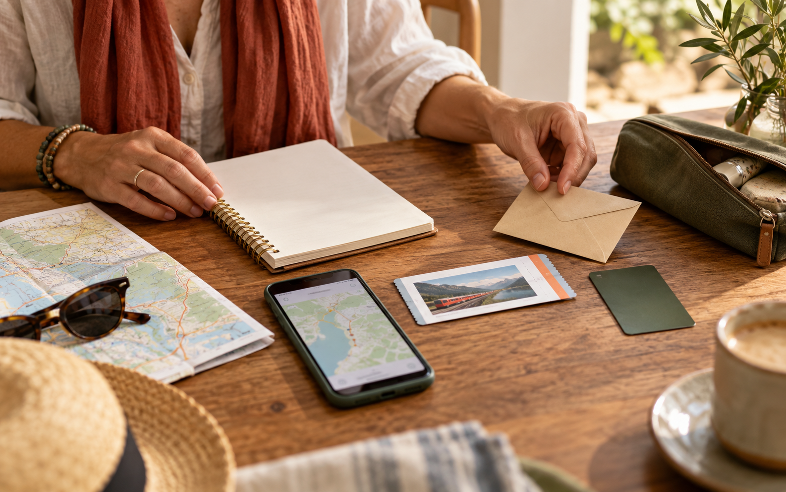 Viajante organizando caderno, mapa e alternativas de transporte para planejar uma viagem flexível