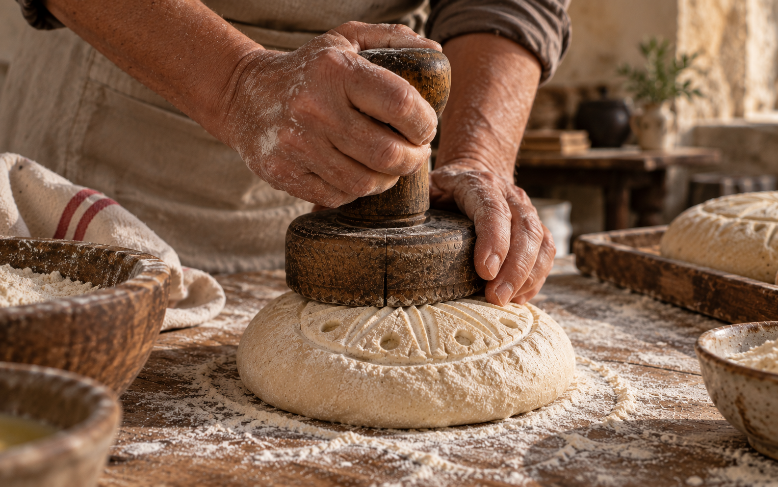 Mãos marcando a massa de pão com um carimbo de madeira sobre uma mesa enfarinhada