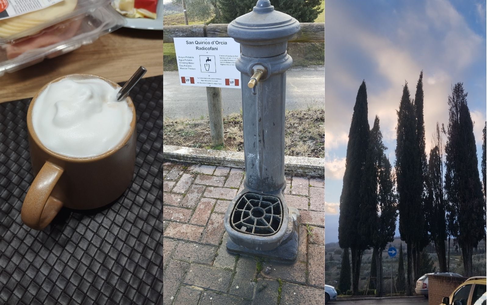 Colagem com café, fonte e paisagem da Toscana